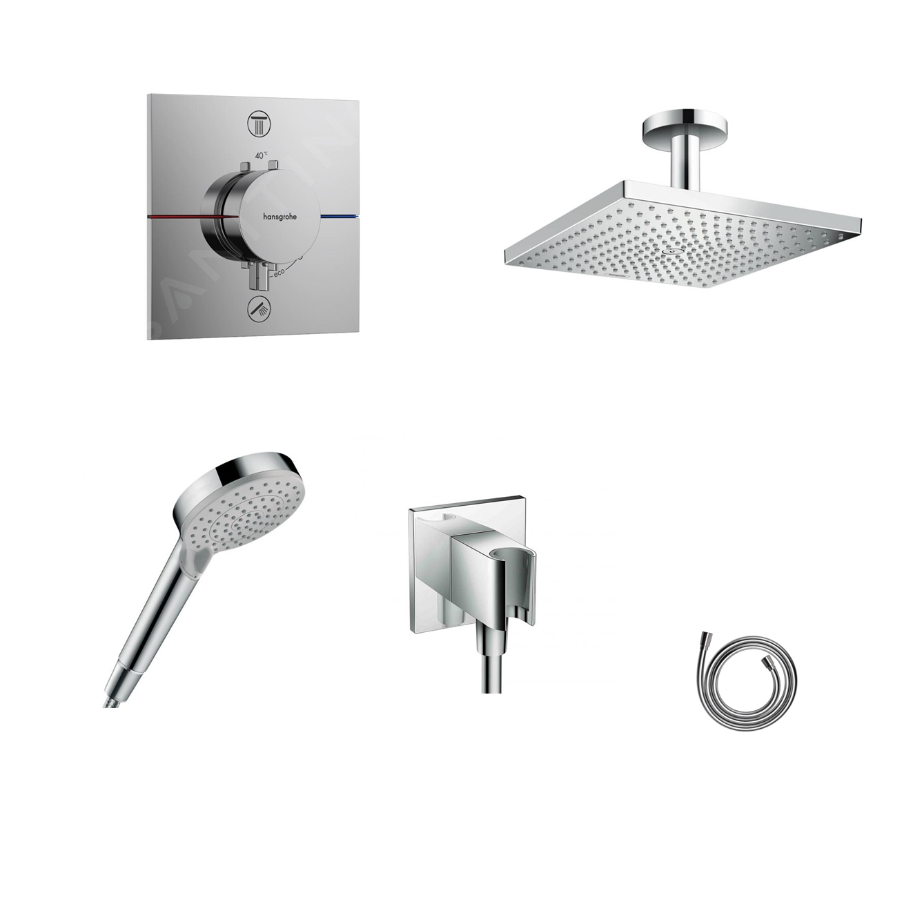 Hansgrohe Ecostat Square concealed shower set with ceiling or wall connection and 2-in-1 hand shower holder including connection elbow
