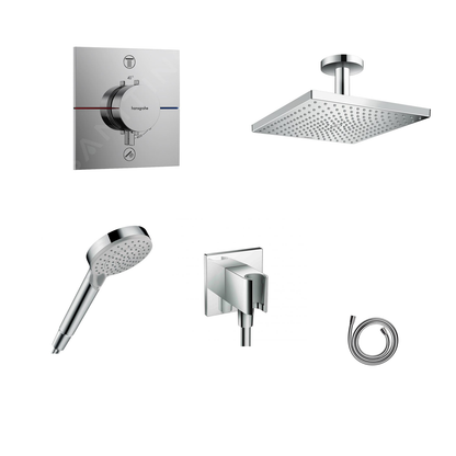 Hansgrohe Ecostat Square concealed shower set with ceiling or wall connection and 2-in-1 hand shower holder including connection elbow