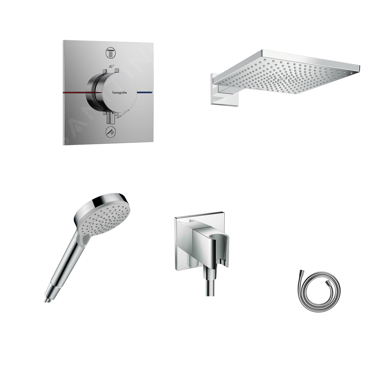 Hansgrohe Ecostat Square concealed shower set with ceiling or wall connection and 2-in-1 hand shower holder including connection elbow