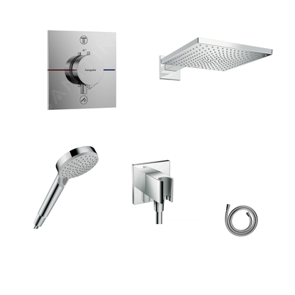 Hansgrohe Ecostat Square concealed shower set with ceiling or wall connection and 2-in-1 hand shower holder including connection elbow
