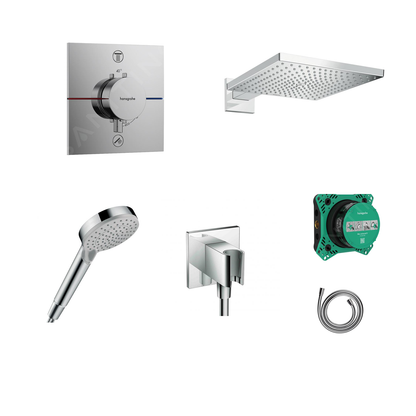 Hansgrohe Ecostat Square concealed shower set with ceiling or wall connection and 2-in-1 hand shower holder including connection elbow