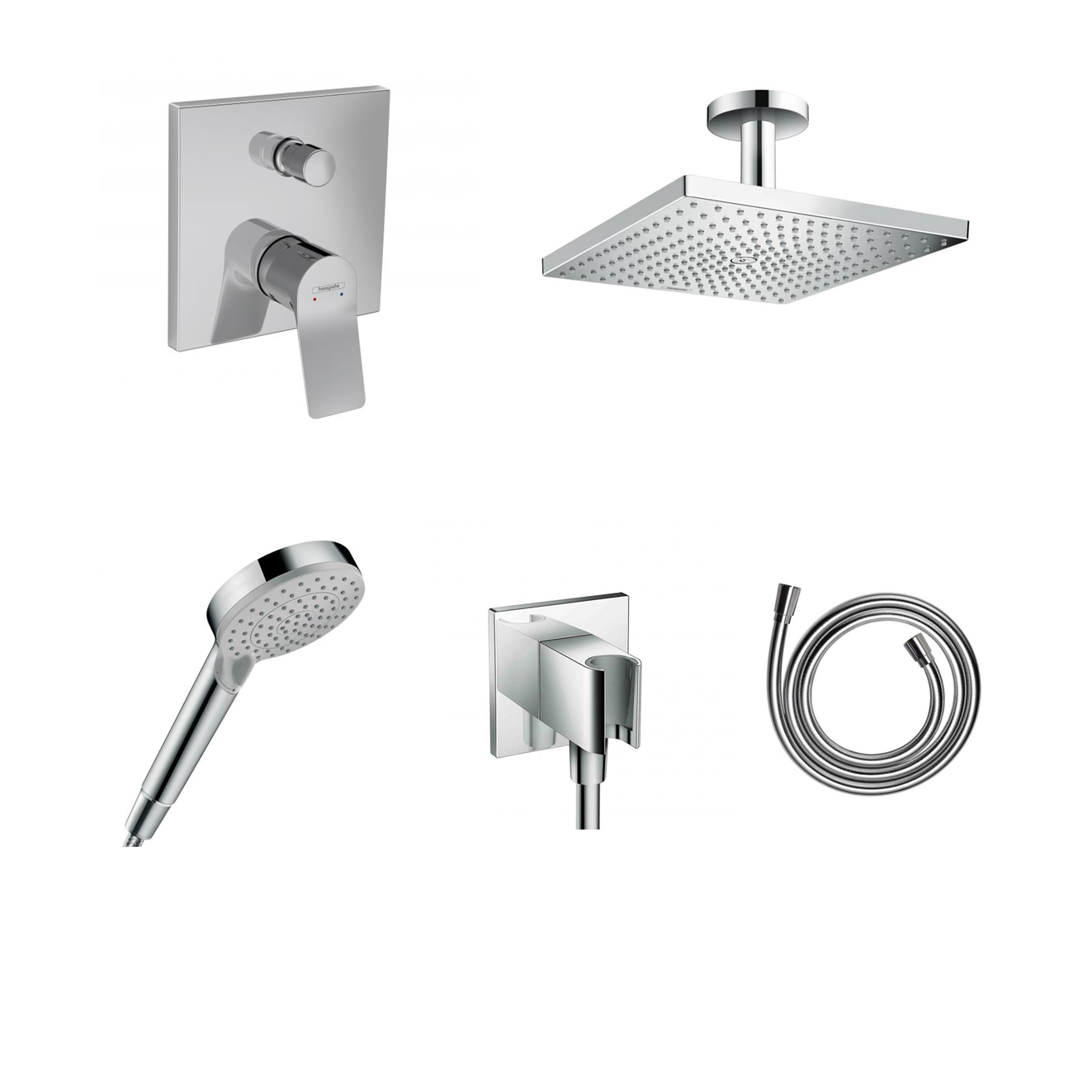 Hansgrohe Vivenis concealed shower set with ceiling or wall connection and 2-in-1 hand shower holder including connection elbow