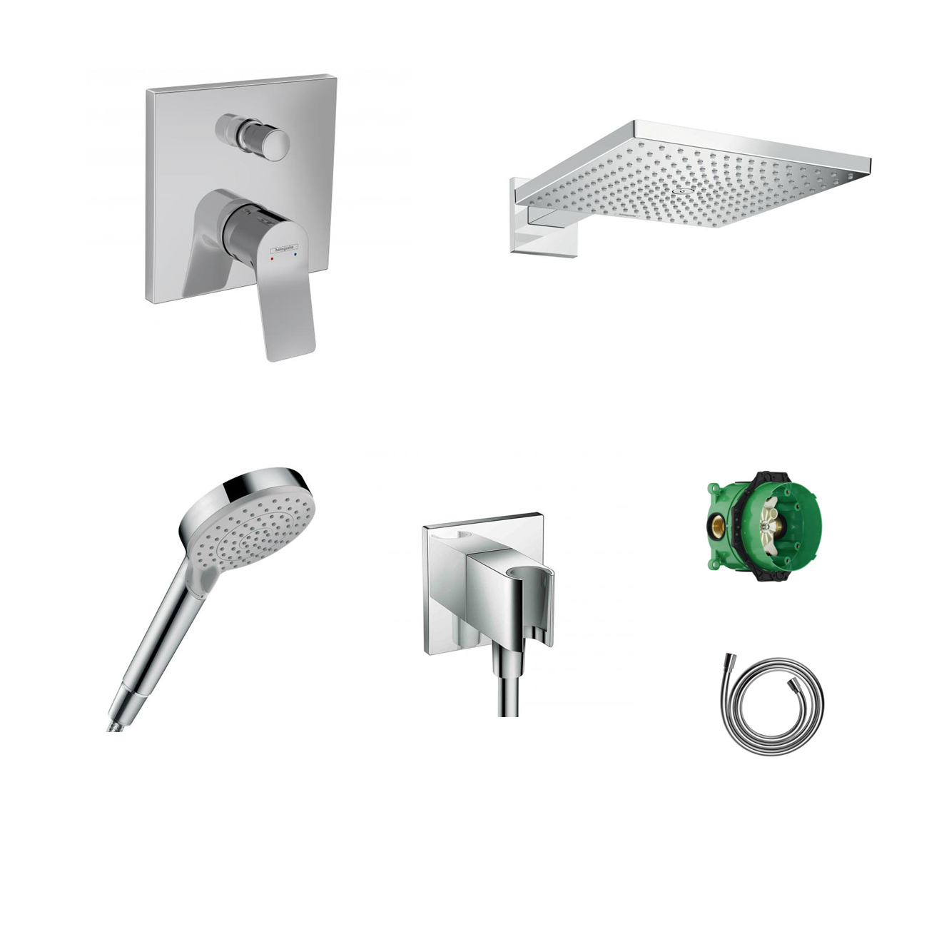 Hansgrohe Vivenis concealed shower set with ceiling or wall connection and 2-in-1 hand shower holder including connection elbow