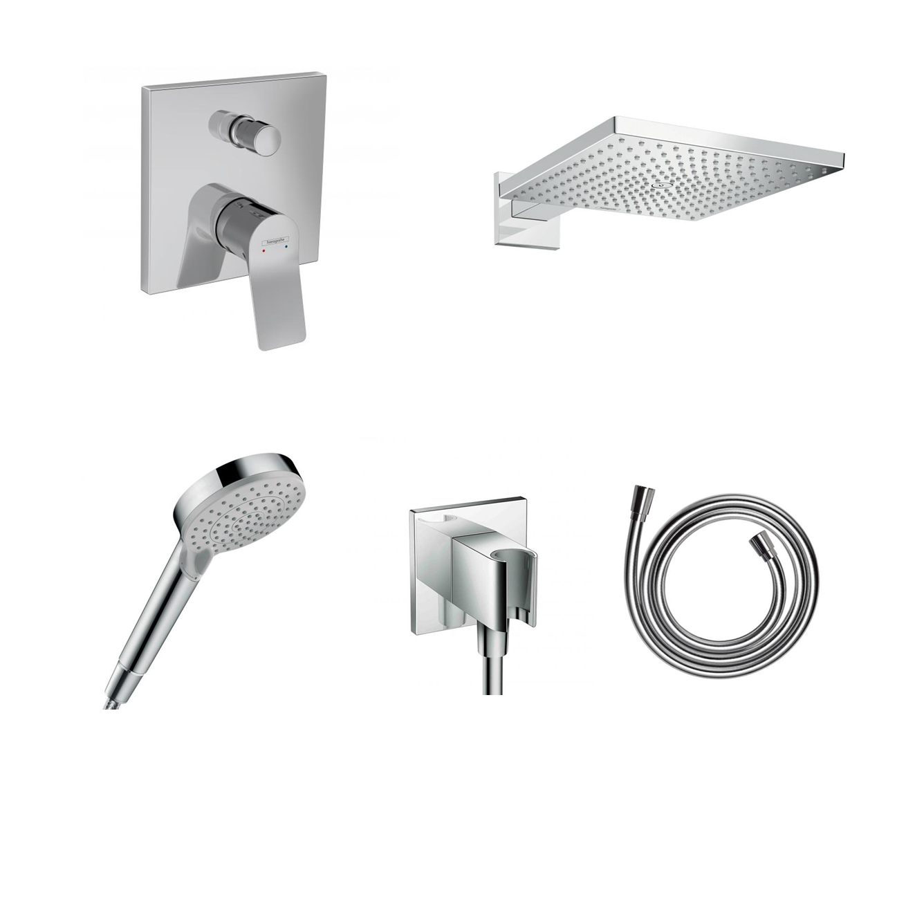 Hansgrohe Vivenis concealed shower set with ceiling or wall connection and 2-in-1 hand shower holder including connection elbow