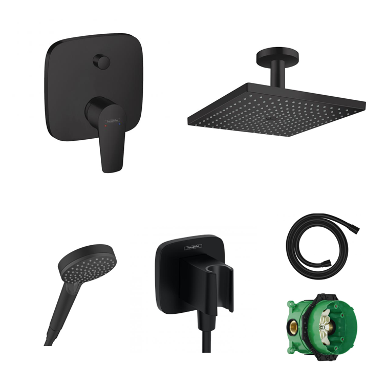 Ensemble de douche à encastrer Hansgrohe Porter noir mat avec raccordement au mur ou au plafond et support de douchette 2 en 1 avec coude de raccordement