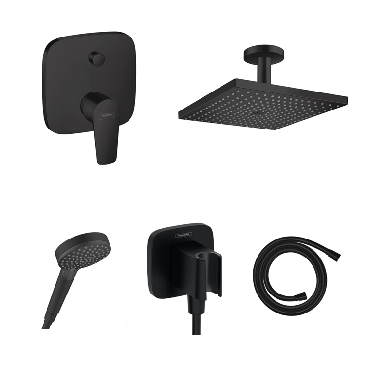 Ensemble de douche à encastrer Hansgrohe Porter noir mat avec raccordement au mur ou au plafond et support de douchette 2 en 1 avec coude de raccordement