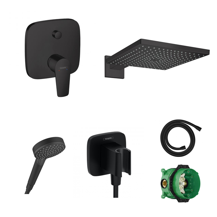 Ensemble de douche à encastrer Hansgrohe Porter noir mat avec raccordement au mur ou au plafond et support de douchette 2 en 1 avec coude de raccordement