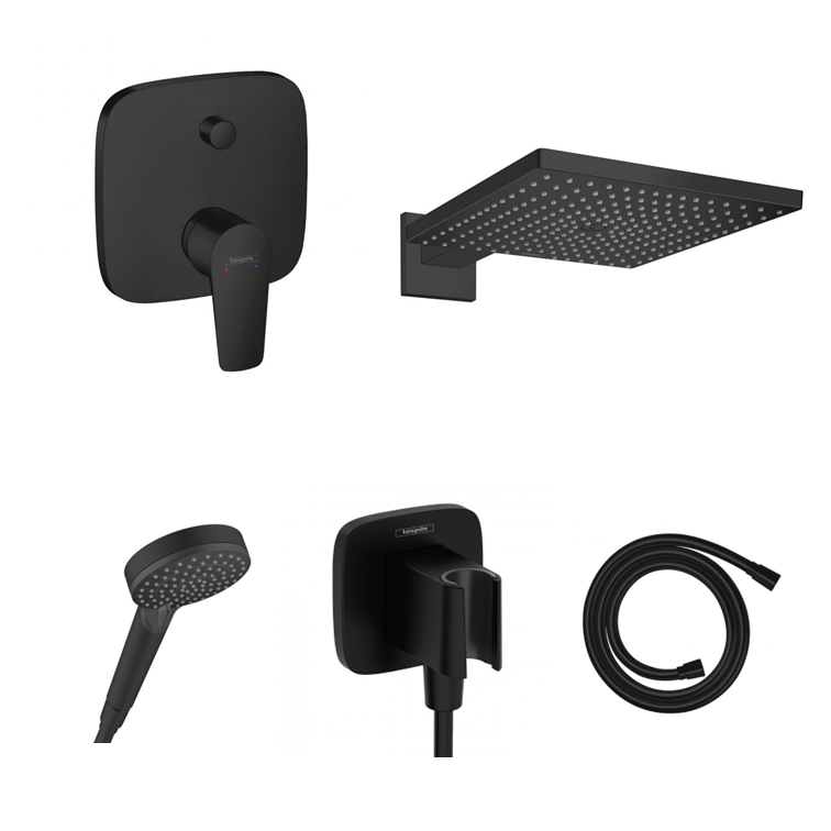 Ensemble de douche à encastrer Hansgrohe Porter noir mat avec raccordement au mur ou au plafond et support de douchette 2 en 1 avec coude de raccordement