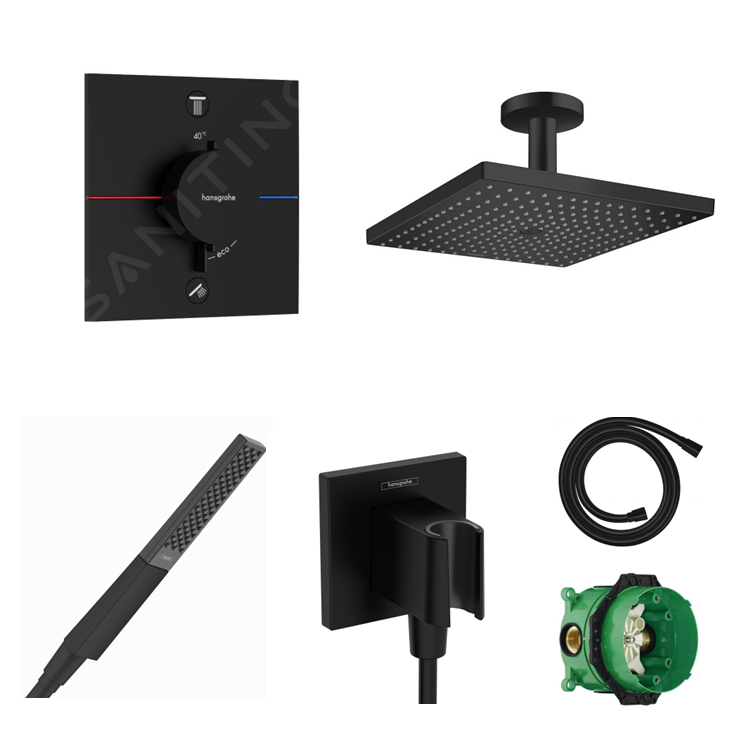 Hansgrohe Ecostat Square concealed shower set with ceiling or wall connection and 2-in-1 hand shower holder including connection elbow