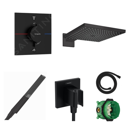 Hansgrohe Ecostat Square concealed shower set with ceiling or wall connection and 2-in-1 hand shower holder including connection elbow