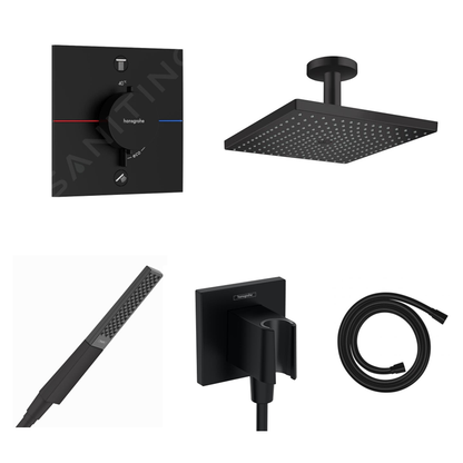 Hansgrohe Ecostat Square concealed shower set with ceiling or wall connection and 2-in-1 hand shower holder including connection elbow