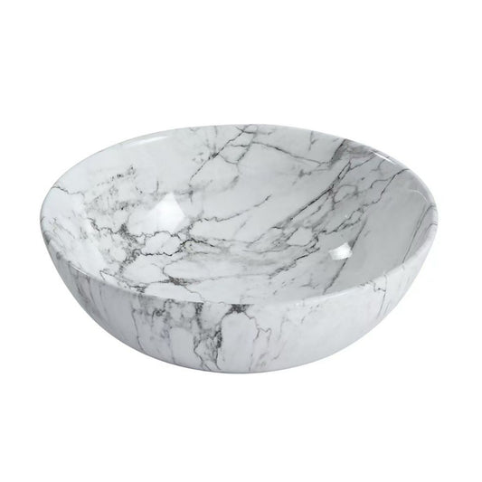 Oase AL Tivra Aufsatzwaschbecken – Keramik – Ohne Überlauf – Ohne Hahnloch – Mit Click-Waste – 38×13×38 cm – Weiß Marmor