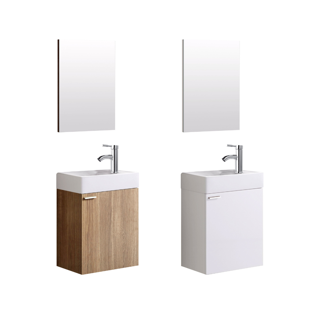 Oase mini washbasin in a complete set with base cabinet, mirror and sink