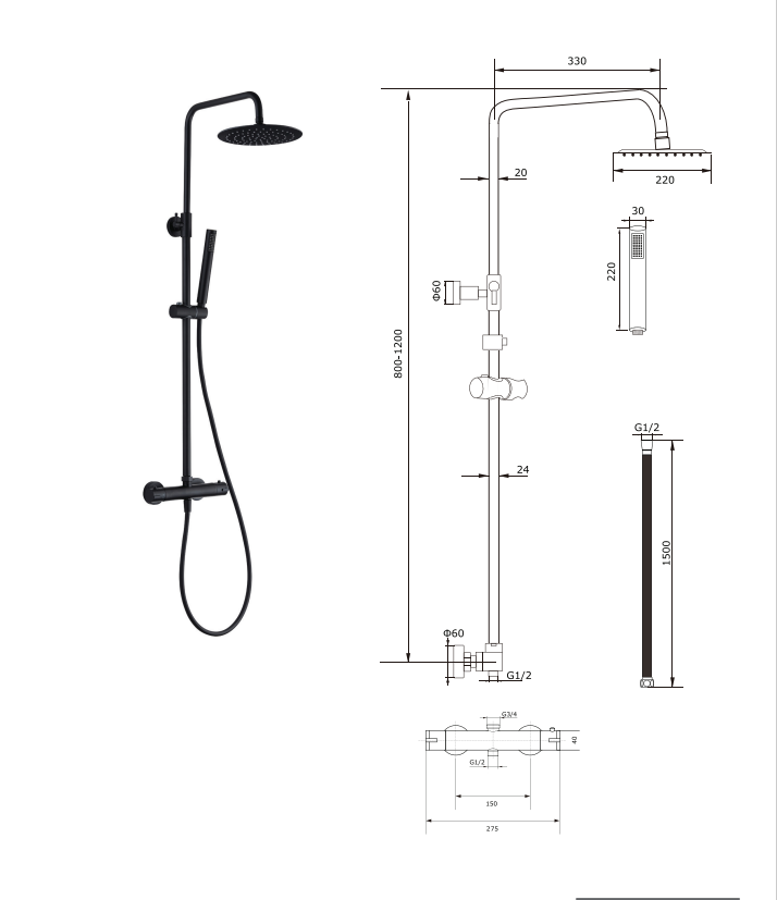 Oase Duschsystem Schwarz Matt Rund mit Regendusche, Handbrause, Duschstange und Thermostat