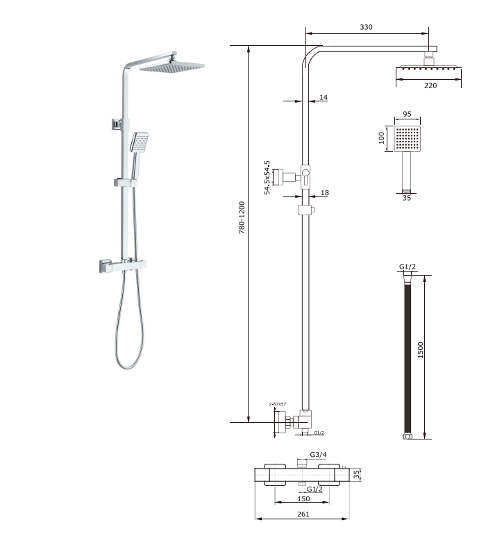 Oase shower system chrome square with rain shower, hand shower, shower rail and thermostat