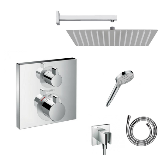 Ensemble de douche à encastrer Hansgrohe Ecostat Square avec raccordement au plafond ou au mur et support de douchette 2 en 1 avec coude de raccordement