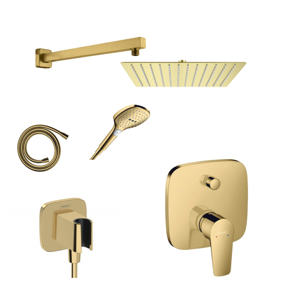 Ensemble de douche à encastrer Hansgrohe Porter Gold avec raccordement au mur ou au plafond et support de douchette 2 en 1 avec coude de raccordement