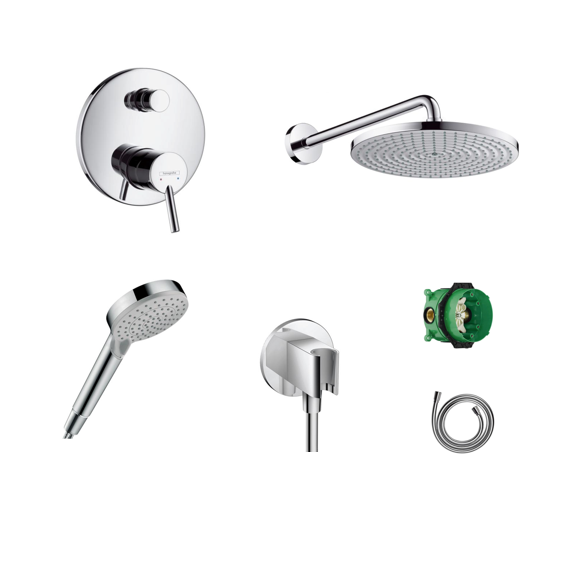 Ensemble de douche à encastrer Hansgrohe Talis S avec raccordement au plafond ou au mur et support de douchette 2 en 1 avec coude de raccordement