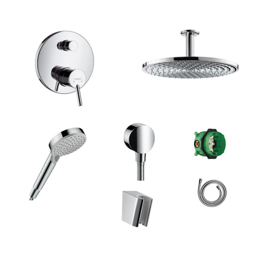 Hansgrohe concealed shower set Talis S with ceiling or wall connection and 2-in-1 hand shower holder including connection elbow