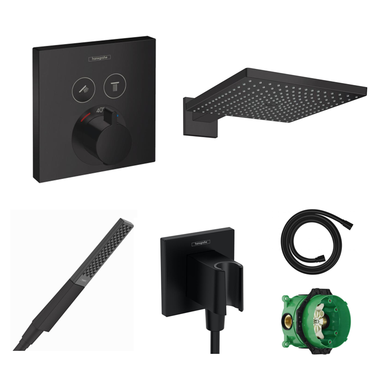 Ensemble de douche à encastrer Hansgrohe ShowerSelect noir mat avec raccordement au mur ou au plafond et support de douchette 2 en 1 avec coude de raccordement