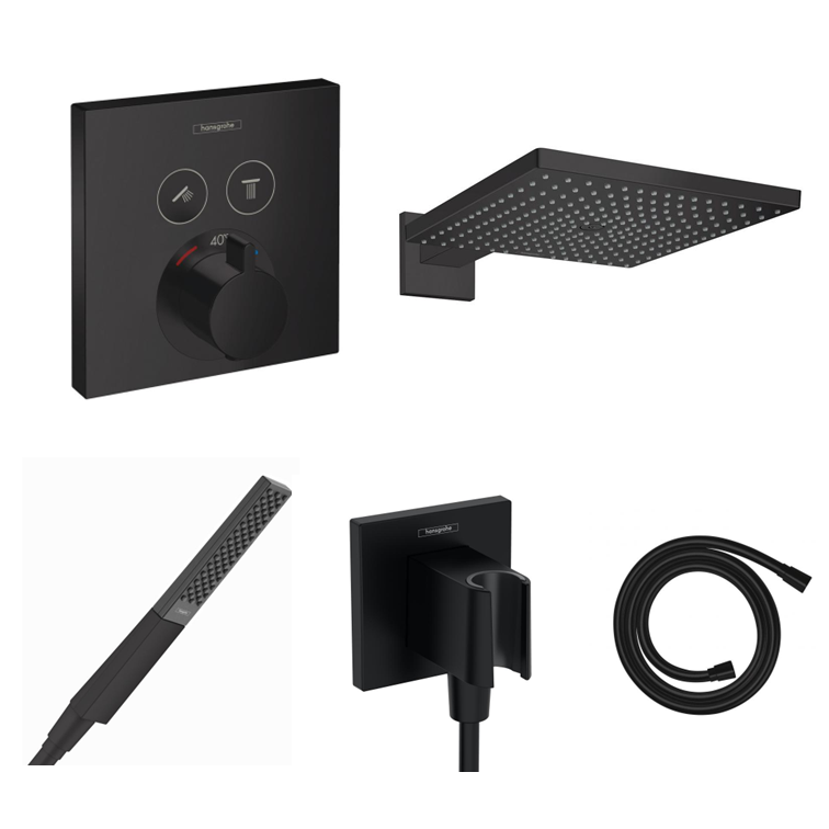 Ensemble de douche à encastrer Hansgrohe ShowerSelect noir mat avec raccordement au mur ou au plafond et support de douchette 2 en 1 avec coude de raccordement