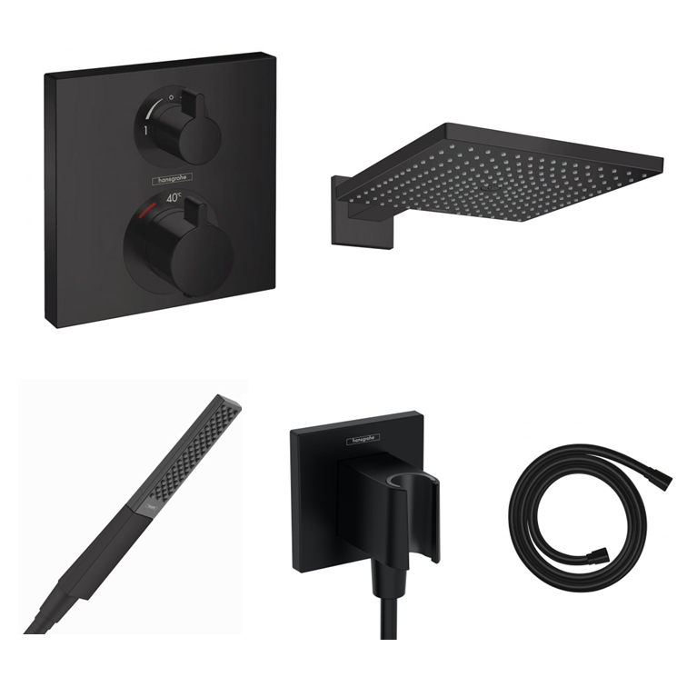 Hansgrohe concealed shower set Ecostat Square matt black with wall or ceiling connection and 2-in-1 hand shower holder including connection elbow