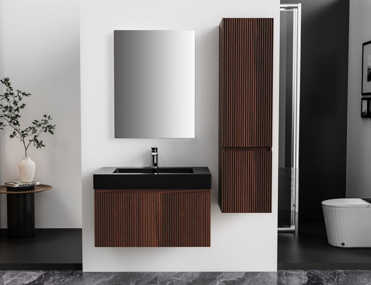 Oase AL Ela Hochschrank – 2 Türen – grifflos – Softclose – reversibel – 35 × 135 × 35 cm – Wengé