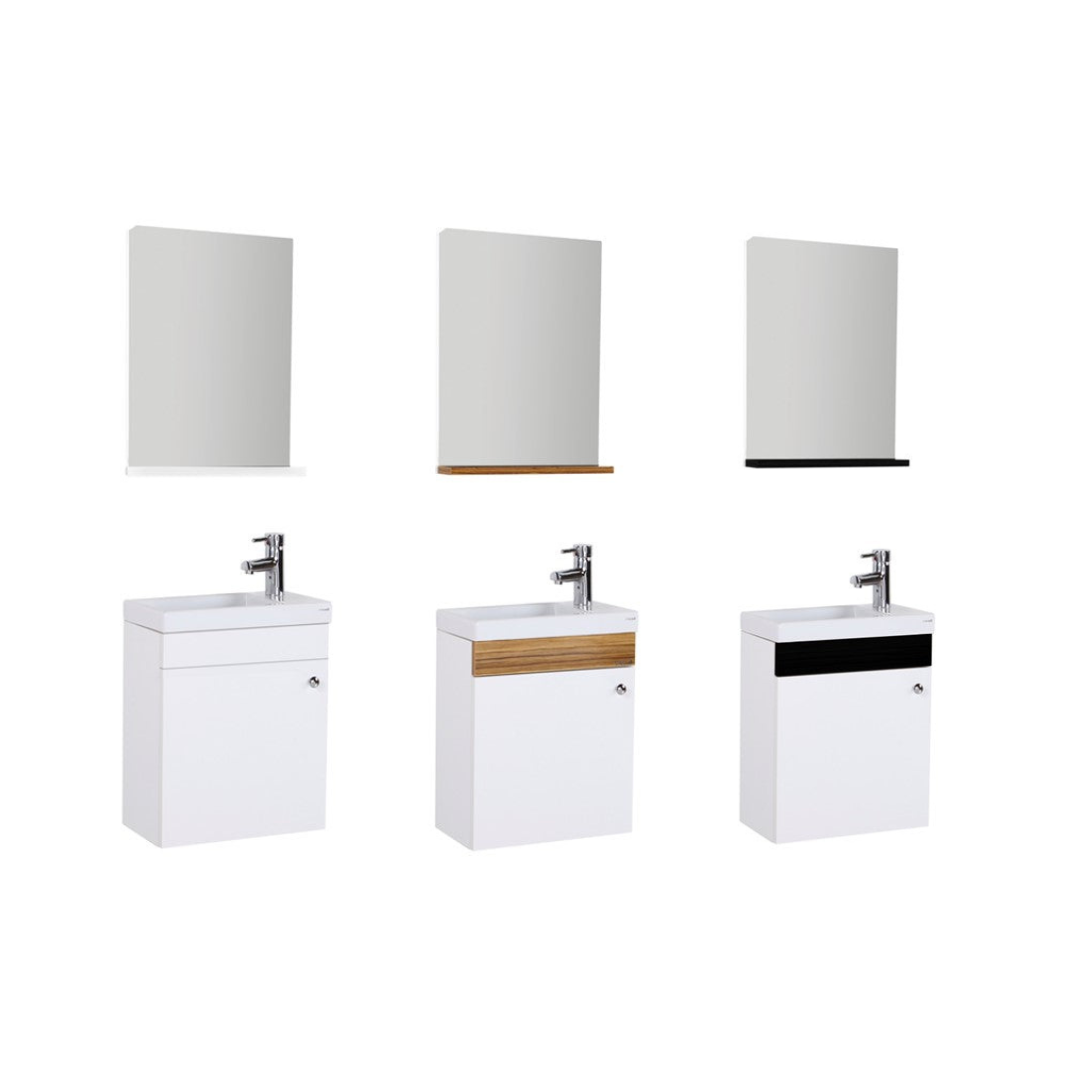 Oase mini washbasin in a complete set with base cabinet with mirror with tablet and washbasin white, brown &amp; black