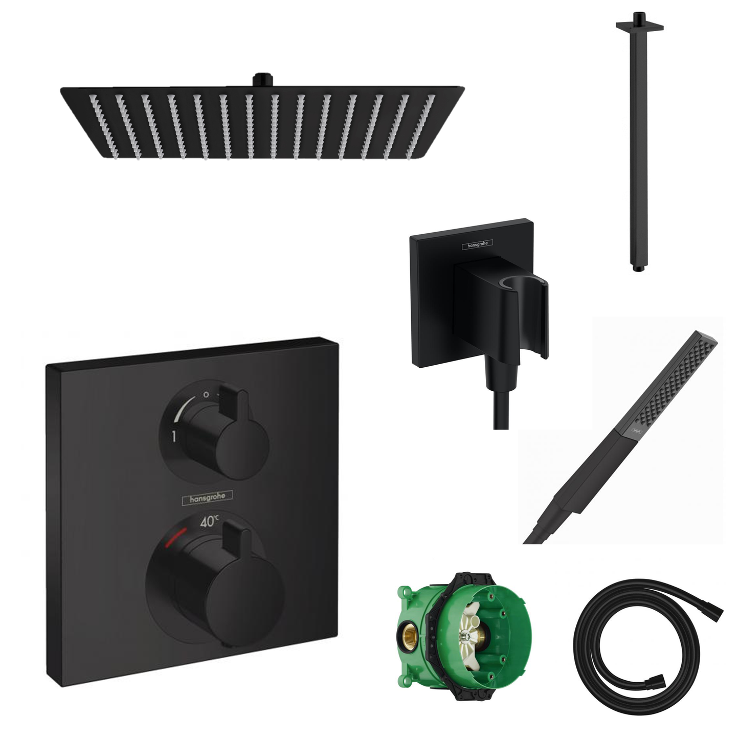 Ensemble de douche à encastrer Hansgrohe Ecostat Square noir mat avec raccordement au mur ou au plafond et support de douchette 2 en 1 avec coude de raccordement