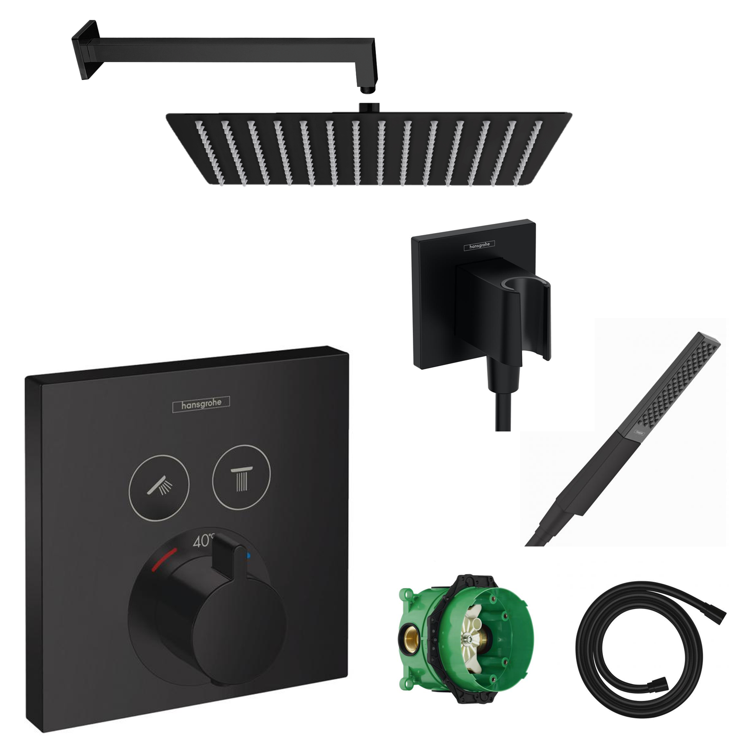 Hansgrohe concealed shower set ShowerSelect matt black with wall or ceiling connection and 2-in-1 hand shower holder including connection elbow