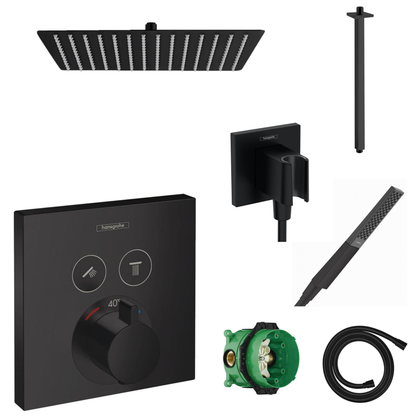 Hansgrohe concealed shower set ShowerSelect matt black with wall or ceiling connection and 2-in-1 hand shower holder including connection elbow