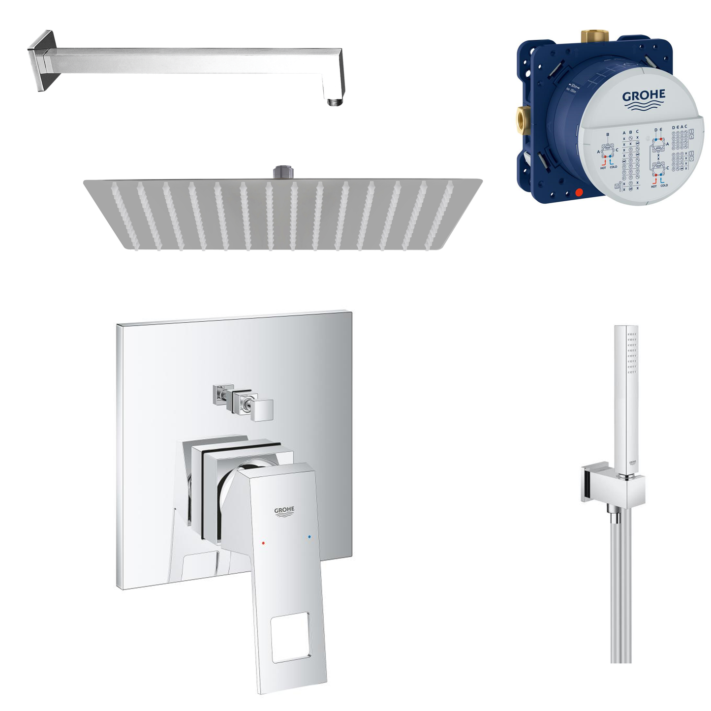 Ensemble de douche à encastrer Grohe Cube avec raccordement au plafond ou au mur et support de douchette 2 en 1 avec coude de raccordement