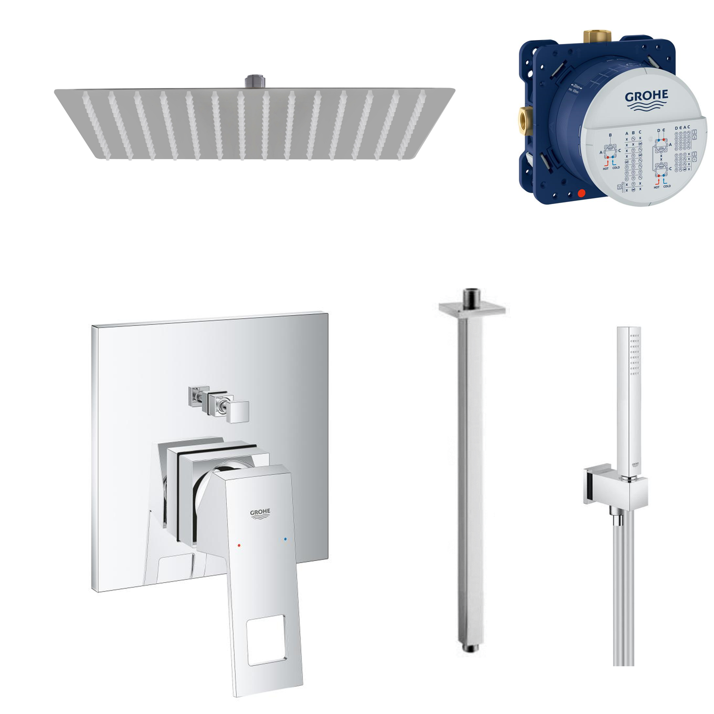 Ensemble de douche à encastrer Grohe Cube avec raccordement au plafond ou au mur et support de douchette 2 en 1 avec coude de raccordement