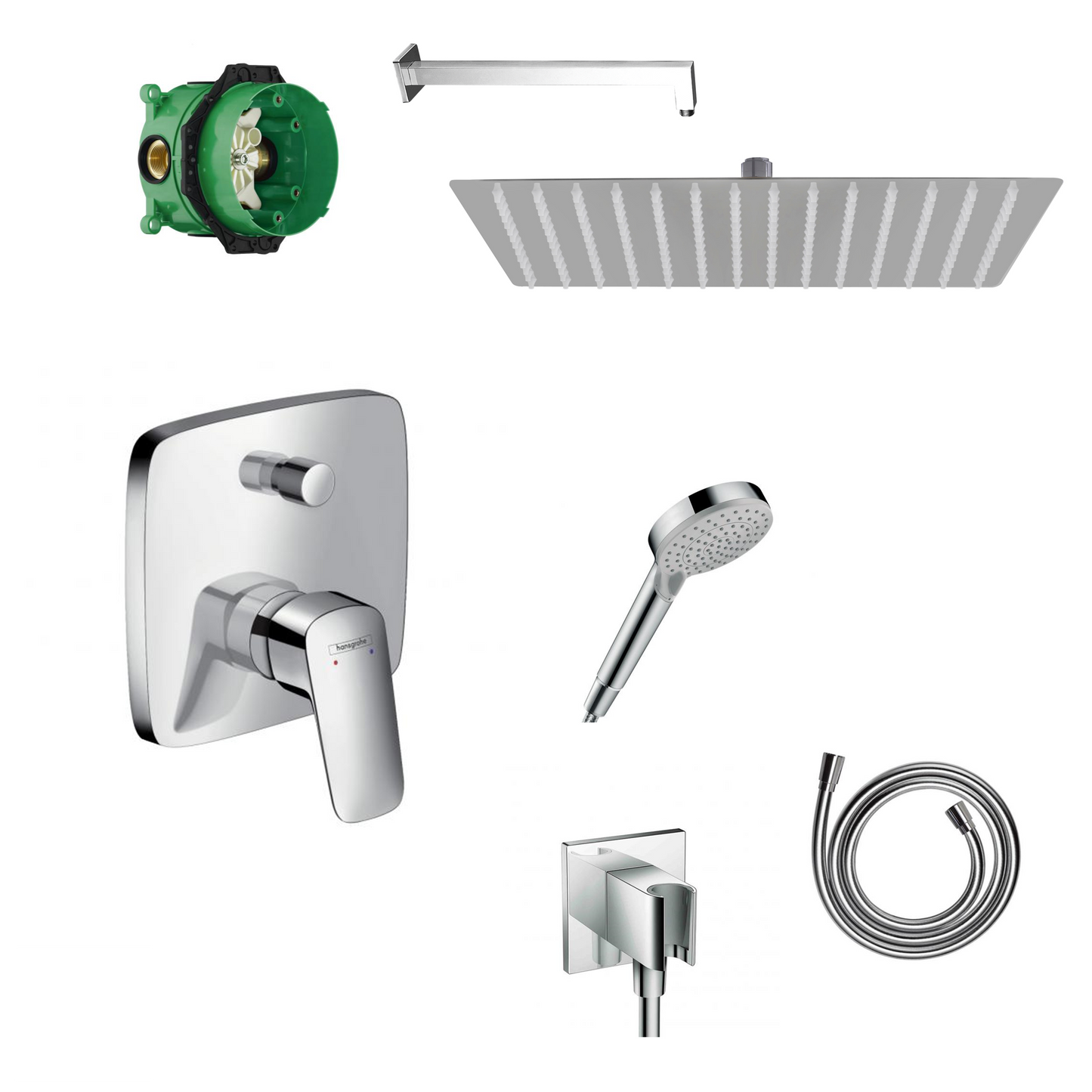 Hansgrohe Logis concealed shower set with ceiling or wall connection and 2-in-1 hand shower holder including connection elbow