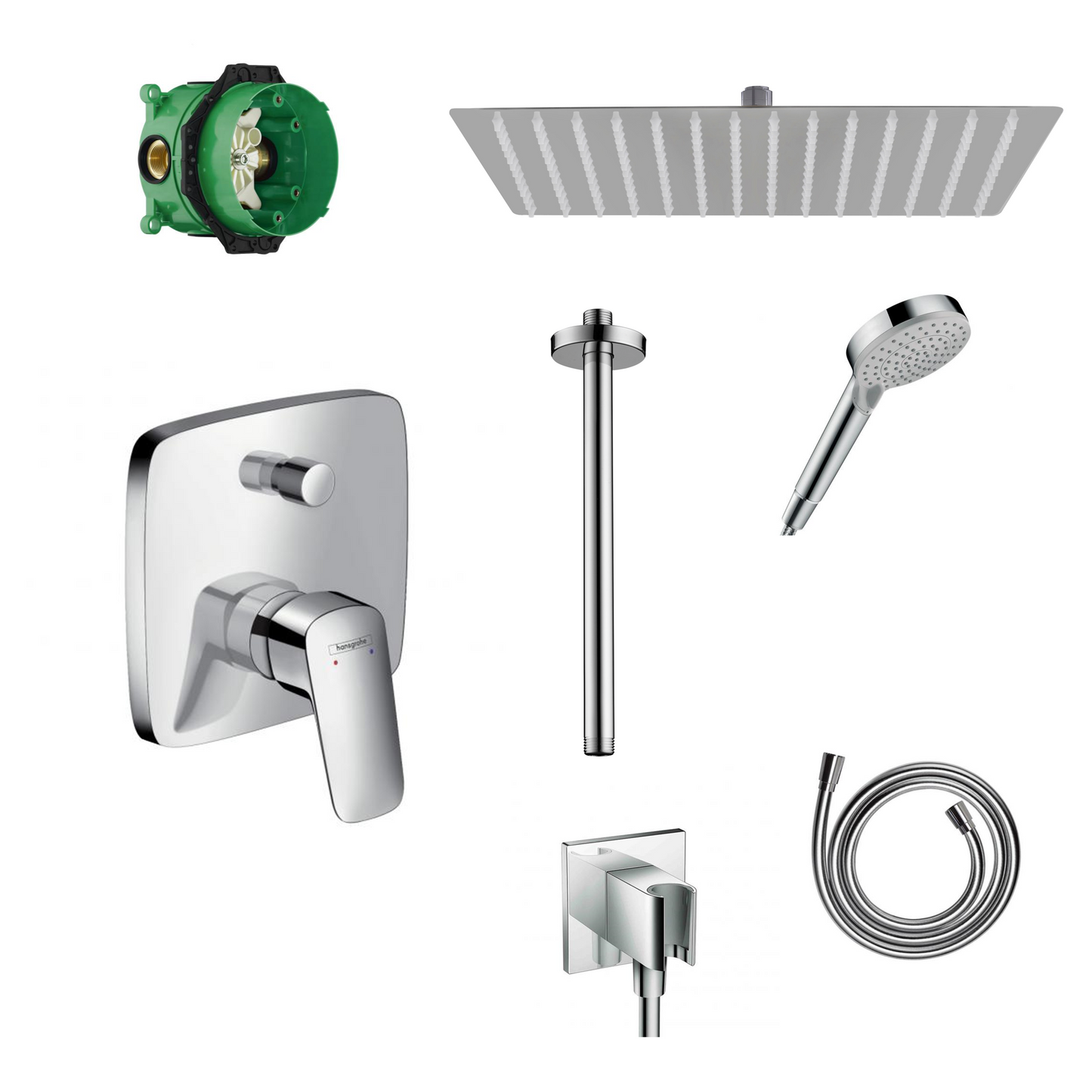 Hansgrohe Logis concealed shower set with ceiling or wall connection and 2-in-1 hand shower holder including connection elbow