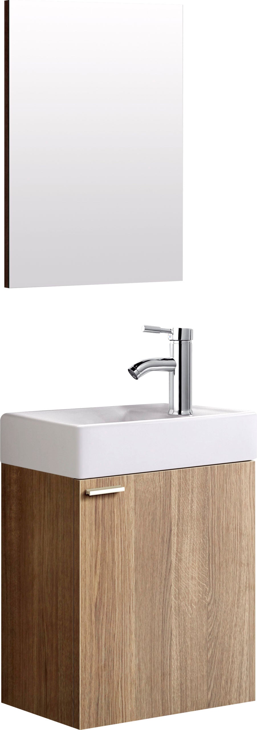 Oase mini washbasin in a complete set with base cabinet, mirror and sink